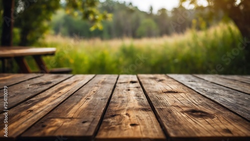 Empty wooden table with beautiful forest background, photorealistic