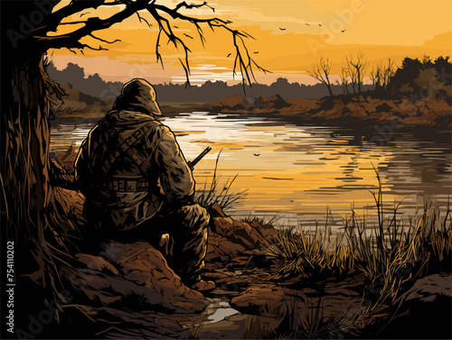 Riverbank Ambush A depiction of a hunter waiting for a hunter
