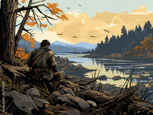 Riverbank Ambush A depiction of a hunter waiting for a hunter