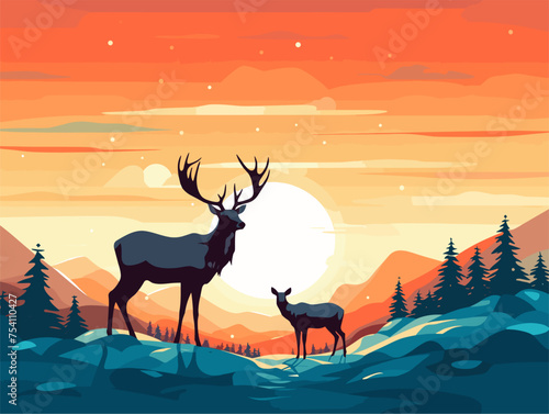 simple Vector in modern thin line style of deer in the forest