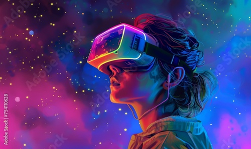 An illustration of a woman immersed in virtual reality (VR) experience, wearing VR glasses and exploring a digital world