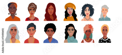 Retrato de mujeres de diferentes razas y colores. Set de diversidad de personas diferentes etnias y color. photo