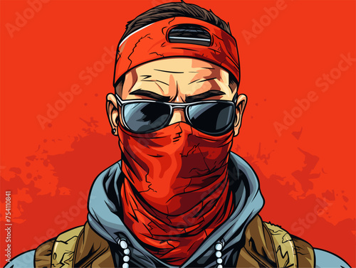 Thug depicting a tattooed face and body armor