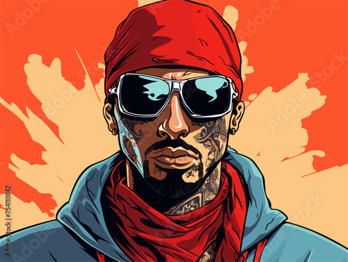 Thug depicting a tattooed face and body armor