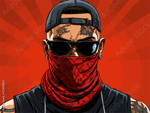 Thug depicting a tattooed face and body armor