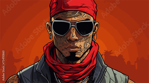 Thug depicting a tattooed face and body armor