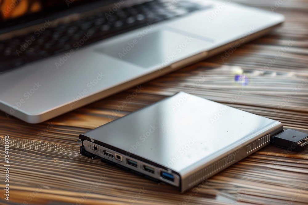 Close up external hard disk with notebook Close up external hard disk with notebook