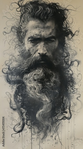 Drawing of a Man With Long Hair and a Beard