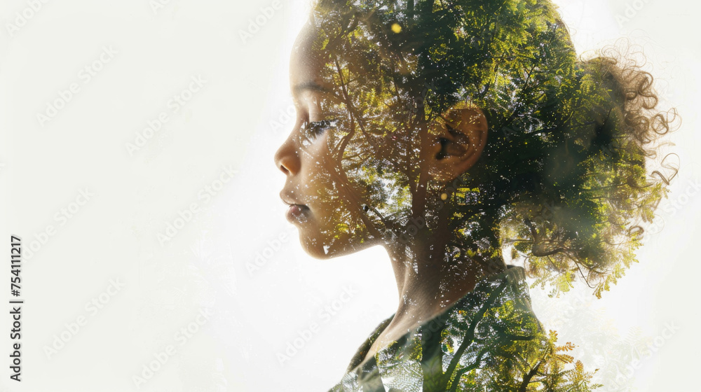 A double exposure portrait merges a young child's side profile with lush green foliage, symbolizing a deep connection with nature.