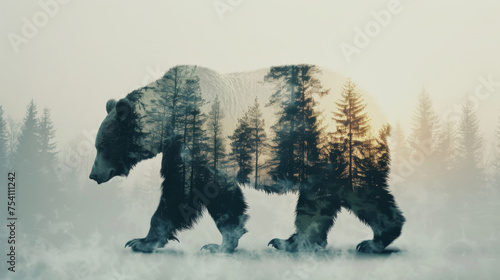 A creative double exposure image blending a bear with a tranquil forest landscape in a mystical foggy setting.