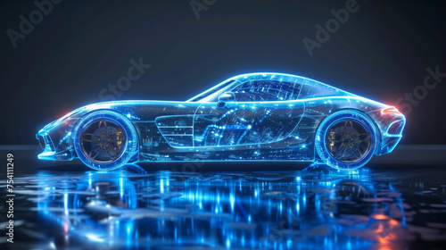 A digital concept image of a sports car illuminated with neon blue lights, reflecting on a wet surface for a futuristic vibe.