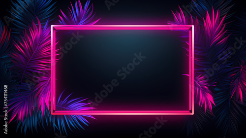 Abstract design with neon glowing frame decorated with palm leaves