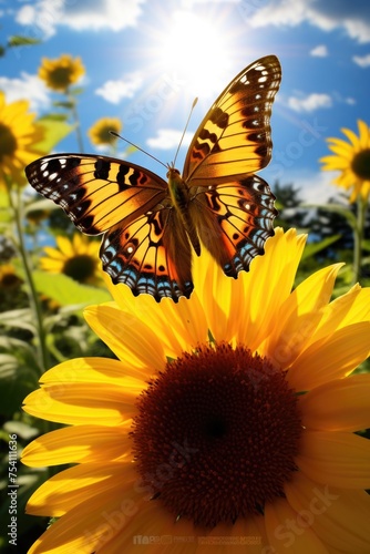 Black Swallowtail butterfly on a native wild Sunflower against blue sky