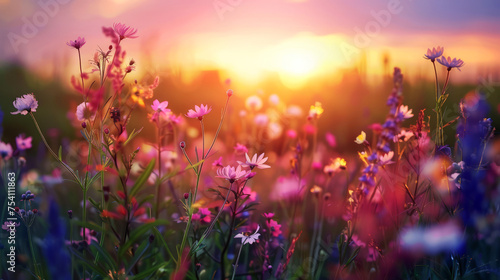 Wildflowers basking in the golden light of sunset in a vibrant meadow, a serene landscape © thanakrit