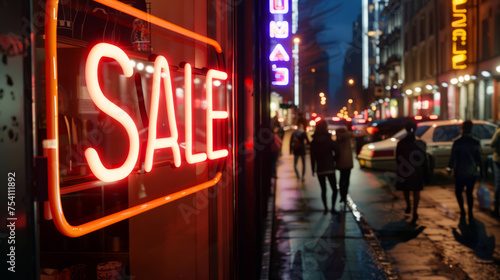 Vivid neon sale sign glowing in a city shopping street at twilight