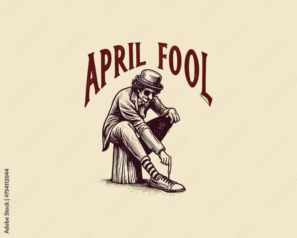 Fototapeta premium hand drawn vintage character for april fool, magician, man sitting on wood