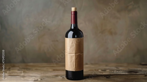 Wine bottle are gracefully presented with a midsection wrapped in kraft paper, set against a textured, neutral backdrop that conveys a rustic yet sophisticated atmosphere.