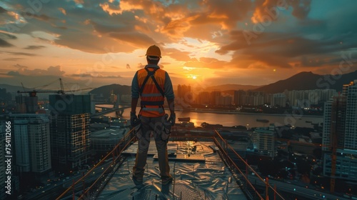 Back view of construction worker wearing safety uniform during working on roof structure of building on construction site.