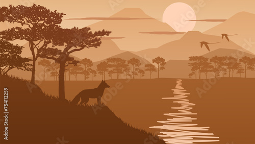 A Fox Looks at Two Birds Flying Over the Lake on a Beautiful Afternoon - Beautiful 2d Landscapes Vector