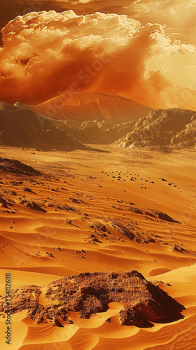 Saharan Sunset: A breathtaking view of the desert landscape as the sun dips below the horizon, painting the sky in vibrant hues of red and orange
