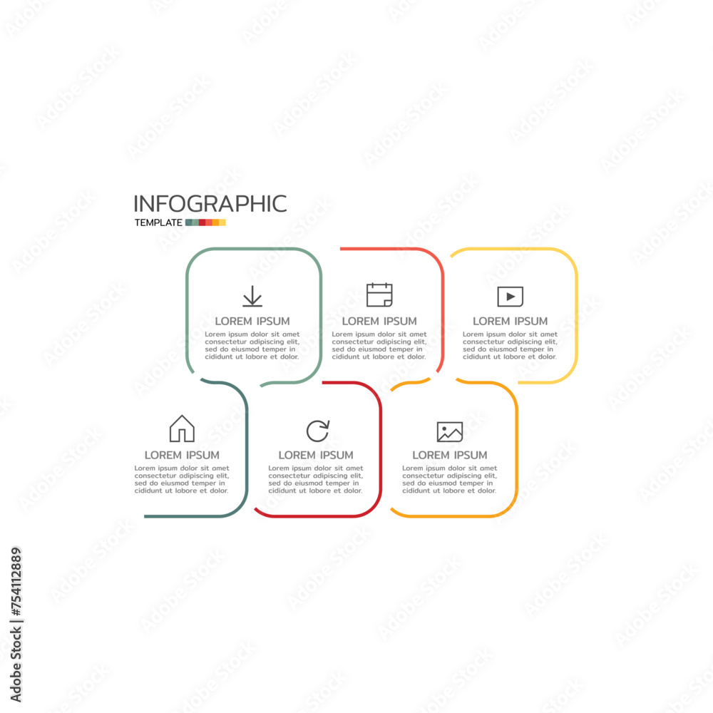 Naklejka premium Business infographic thin line process with square template design with icons and 6 options or steps. Vector illustration.