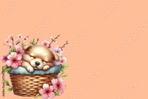 dog sleeping in cherry blossom basket  peach Fuzz background 

