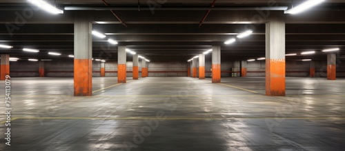 An empty underground car park is illuminated by artificial lighting. Orange and white pillars line the space, providing structure and support.