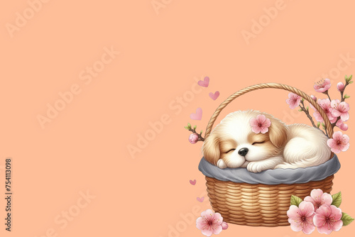 dog sleeping in cherry blossom basket peach Fuzz background