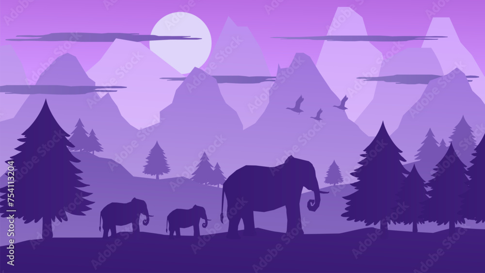 Elephants Walking In a Mountain Forest in a Beautiful Afternoon With The Sun Shining - Beautiful 2d Landscapes Vector
