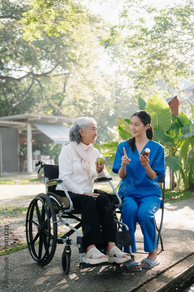 Elderly asian senior woman on wheelchair with Asian careful caregiver. Nursing home hospital Elderly asian senior woman on wheelchair with Asian careful caregiver. Nursing home hospital