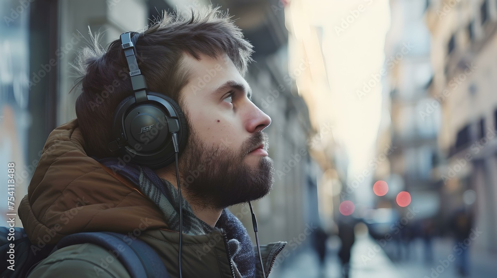 Man in thoughtful pose with headphones in urban setting. casual style, modern life, city wanderer. contemplative mood in the street. AI