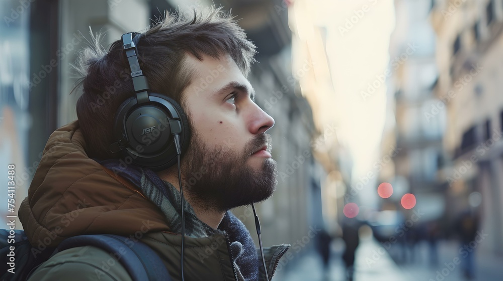 Man in thoughtful pose with headphones in urban setting. casual style, modern life, city wanderer. contemplative mood in the street. AI Man in thoughtful pose with headphones in urban setting. casual style, modern life, city wanderer. contemplative mood in the street. AI