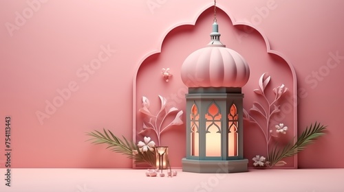 Pink Ramadan kareem and eid fitr islamic concept background illustration with lantern, stars and blossom flowers, copy space in paper cutting style 3D for wallpaper, greeting card and flyer.