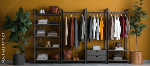 A modern room with a prominent rack filled with clothes. A potted plant adds a touch of greenery to the space. The clothes are neatly organized on the rack.