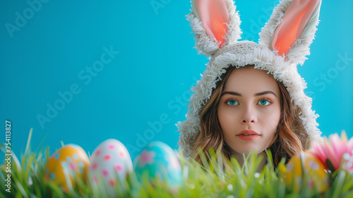 Model in bunny costume with a tense facial expression at easter with copy space left, Generative AI