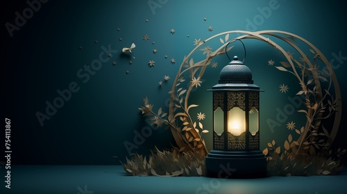 Dark emerald Ramadan kareem and eid fitr islamic concept background illustration with lantern, stars and blossom flowers in paper cutting style 3D for wallpaper, greeting card and flyer.