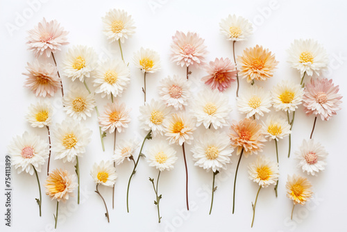 Flower and plants, mothers day, women day concept. Top view minimalist background with copy space of bright flower blossoms and petals