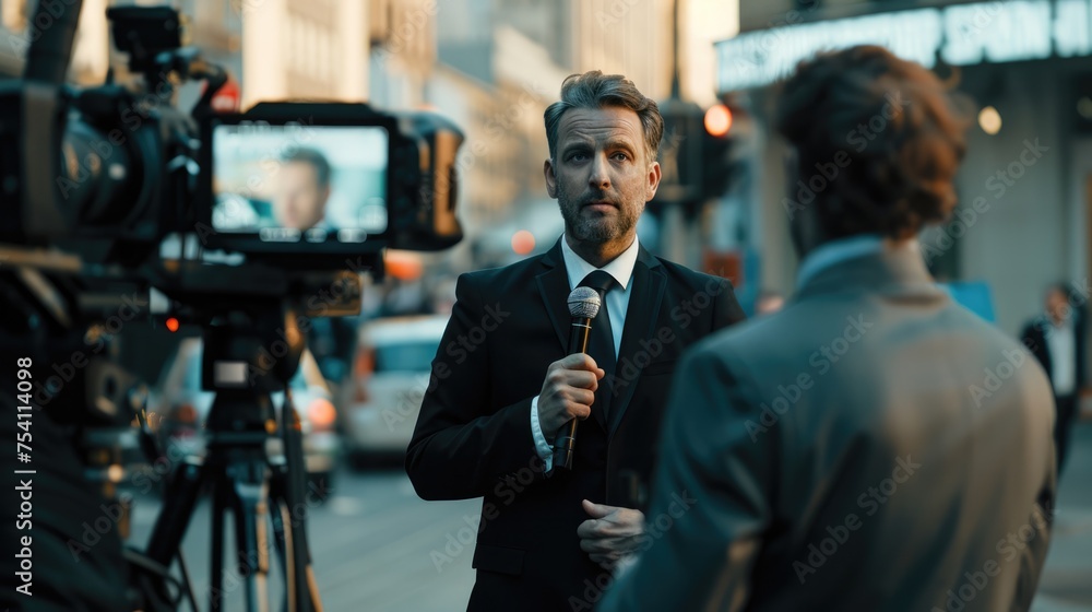 Breaking news reporter concept. Man public speaker holding microphone giving speech in front of camera live news media and television at street. Breaking news reporter concept. Man public speaker holding microphone giving speech in front of camera live news media and television at street.