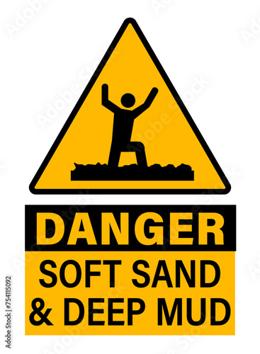 Danger, soft sand and deep mud. Warning triangle sign with  person sinking in quicksand.  Text below