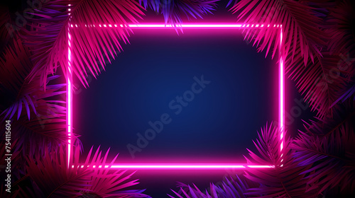 Neon frame with tropical leaves