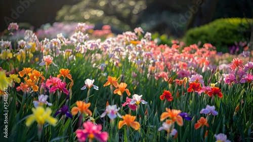 Vibrant garden full of blooming flowers at sunset, perfect for spring backgrounds and floral designs. ideal for cards, invitations, and wallpapers. peaceful and serene nature scene. AI