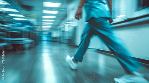 The dynamic blur of a healthcare professional s quick stride through a hospital corridor  capturing the urgent pace of medical care