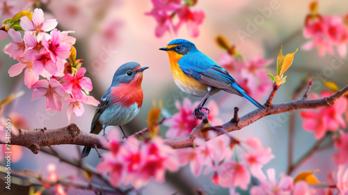 Songbirds in cherry blossoms, vibrant nature scene with blooming flowers, nature's beauty
