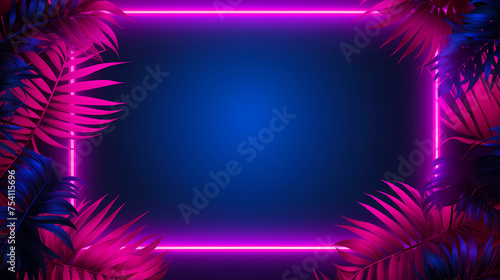 Neon frame with tropical leaves