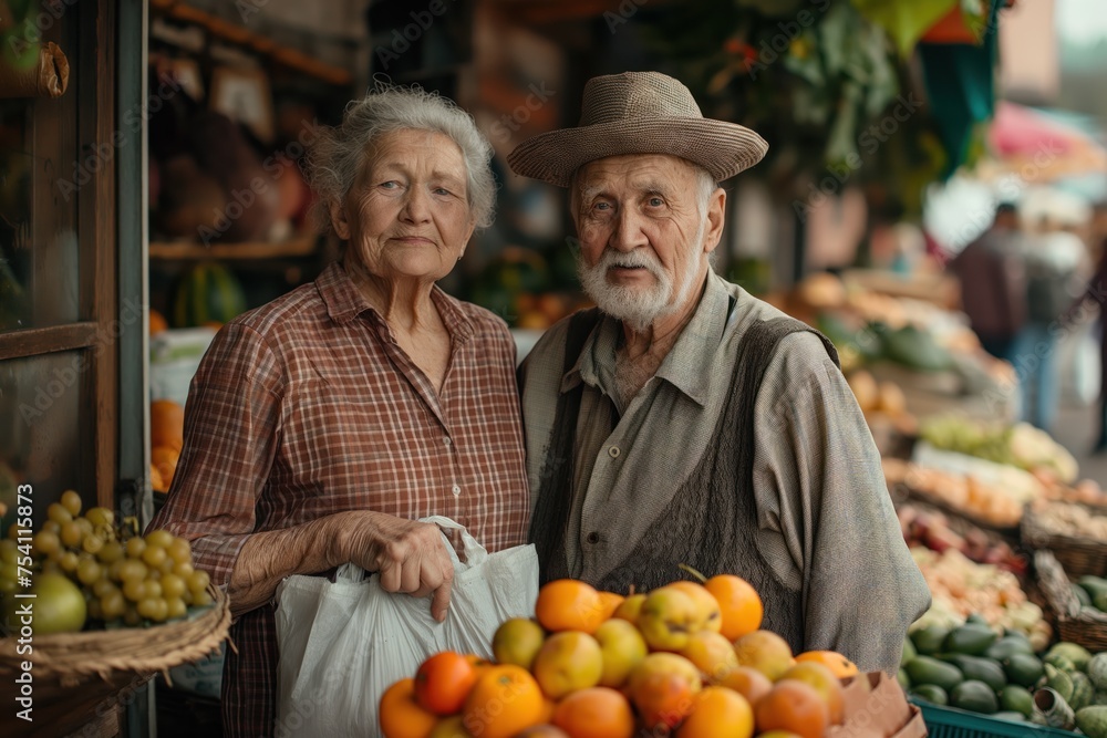 Elderly couple standing together at a fruit market, man in a hat and woman holding a bag of groceries