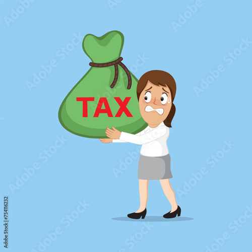 Businesswoman holding a big money bag with word tax. Flat, Poster, Vector, Illustration, Cartoon, EPS10. 