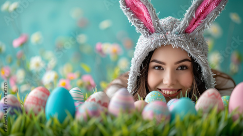 A young woman in a bunny costume smiling close to the easter eggs with copy space on the left site, Generative AI