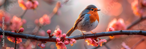 Bird Perching on Branch of Blossom Cherry , a bird that is standing on a log in the flowers