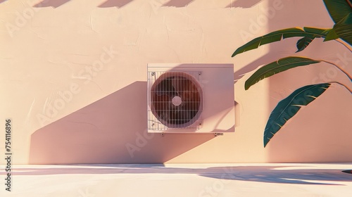 Air heat pump for cooling or heating a house on the wall of a building. Climate control, reinvented: This air heat pump brings innovation and convenience to your home.