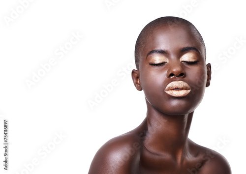 Face of black woman, space or makeup with lipstick, cosmetics or beauty mockup in studio. Gold color, bald head or African girl model with glow, eyeshadow and skincare results on white background